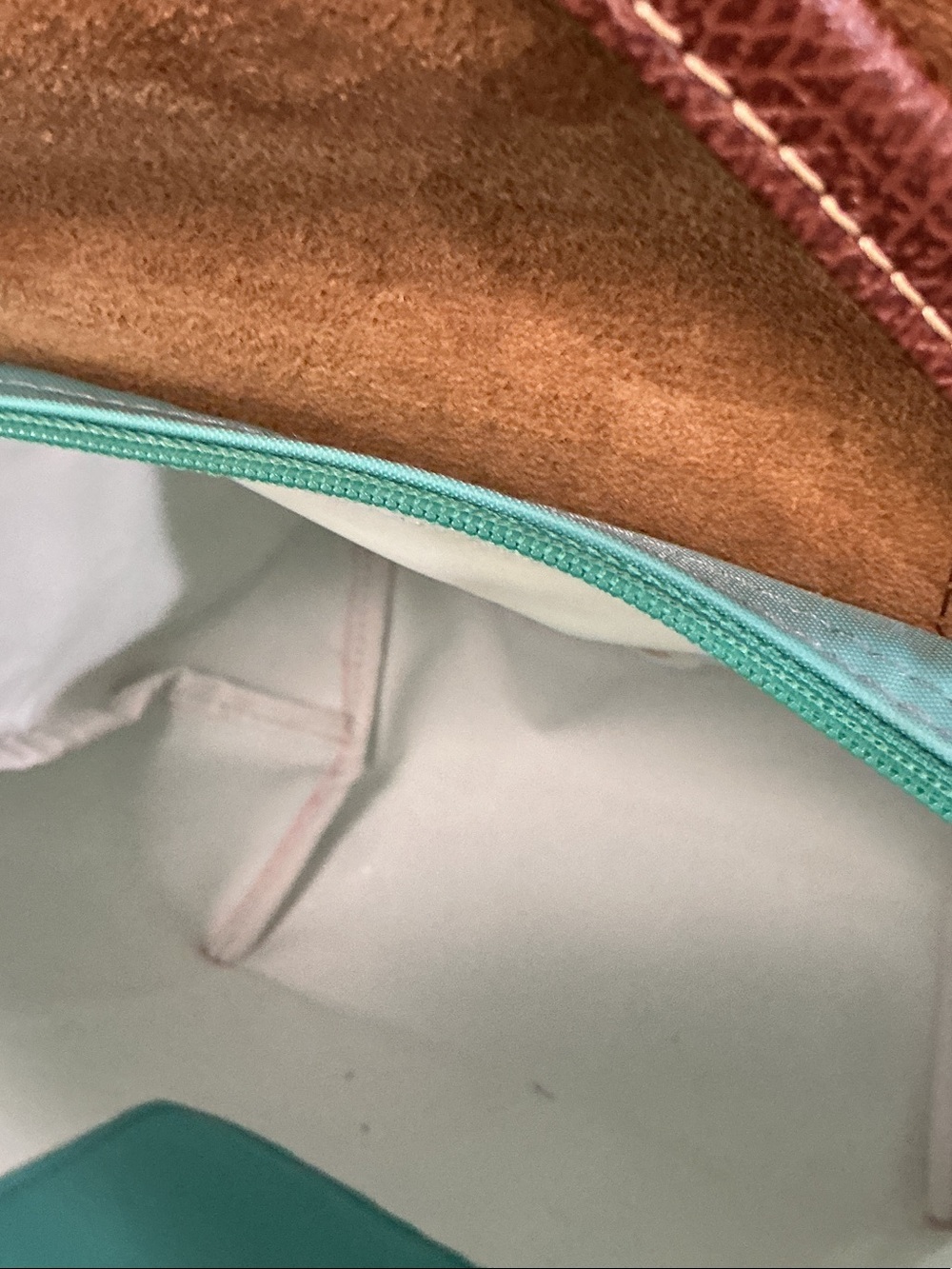 Longchamp Turquoise Nylon Le Pliage Tote with Brown Leather Trim - Picture 12 of 14
